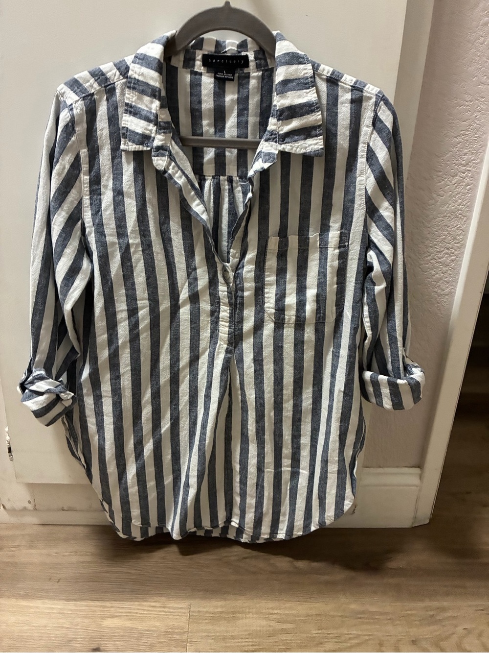 Sanctuary Navy and White Vertical Stripe Button-Front woman’s shirt